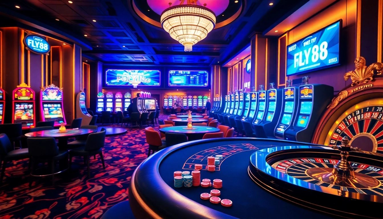 FLY88 gaming excitement with vibrant poker tables and glamorous slot machines.