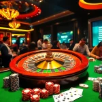 Excited players engaging at a luxurious RIKVIP casino table surrounded by poker chips and cards.
