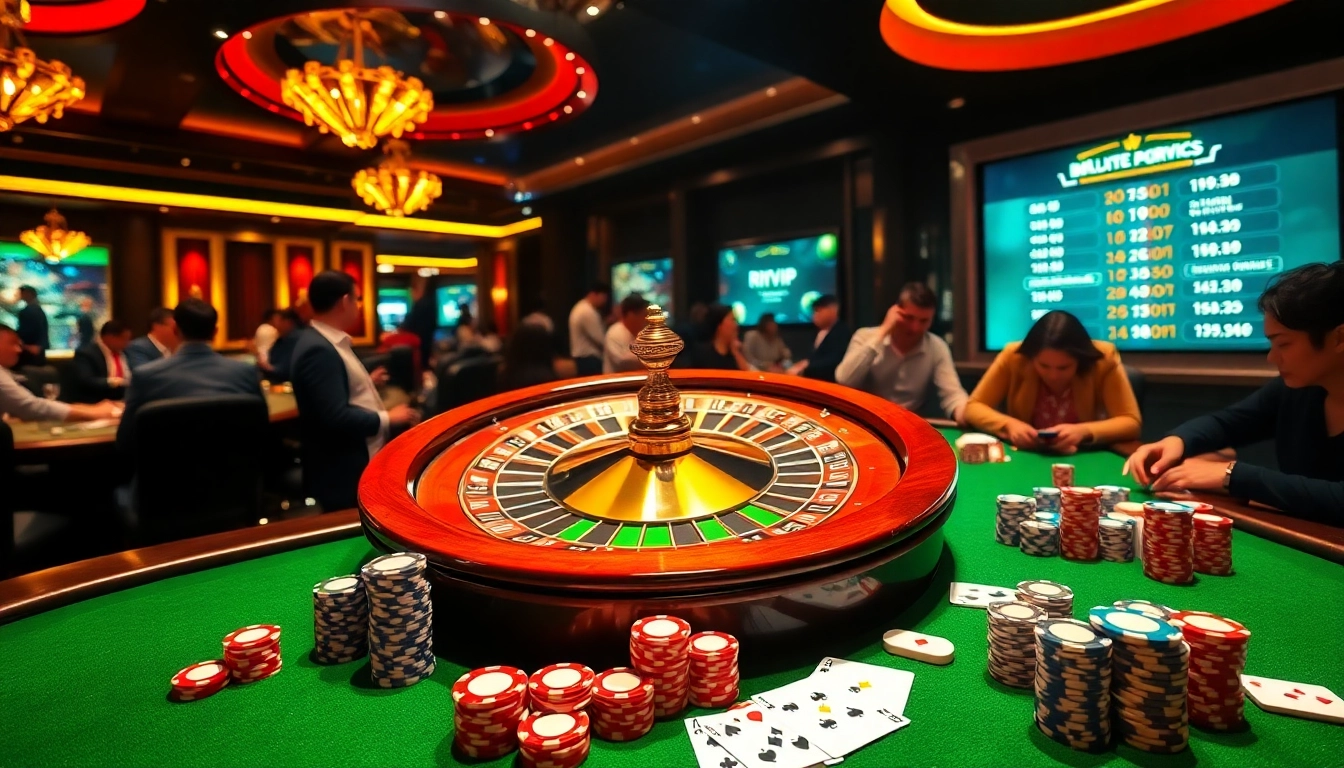 Excited players engaging at a luxurious RIKVIP casino table surrounded by poker chips and cards.