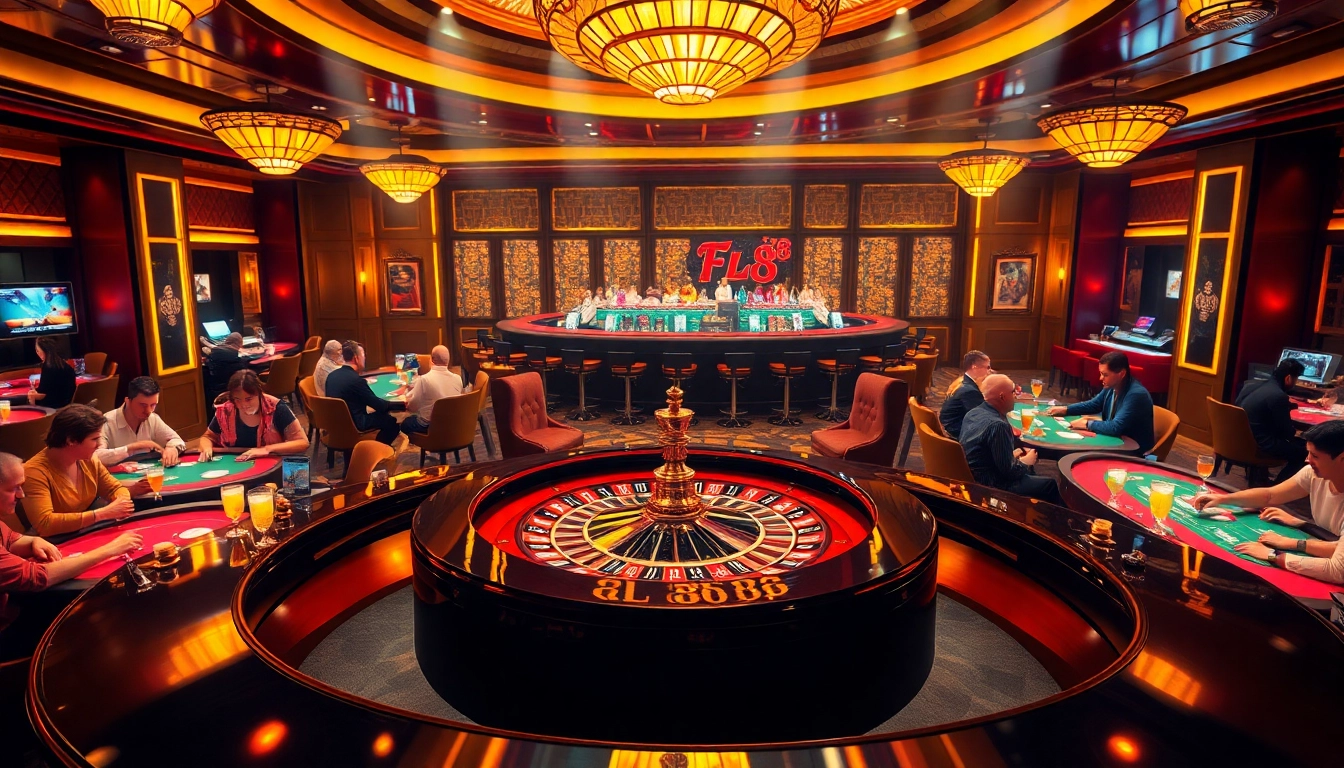 Experience the thrill of FLY 88 at a luxurious casino with poker tables and roulette.