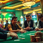 Người chơi tham gia tại bàn poker với chủ đề LUCK8, được bao quanh bởi các chip màu sắc rực rỡ và máy đánh bạc phát sáng.