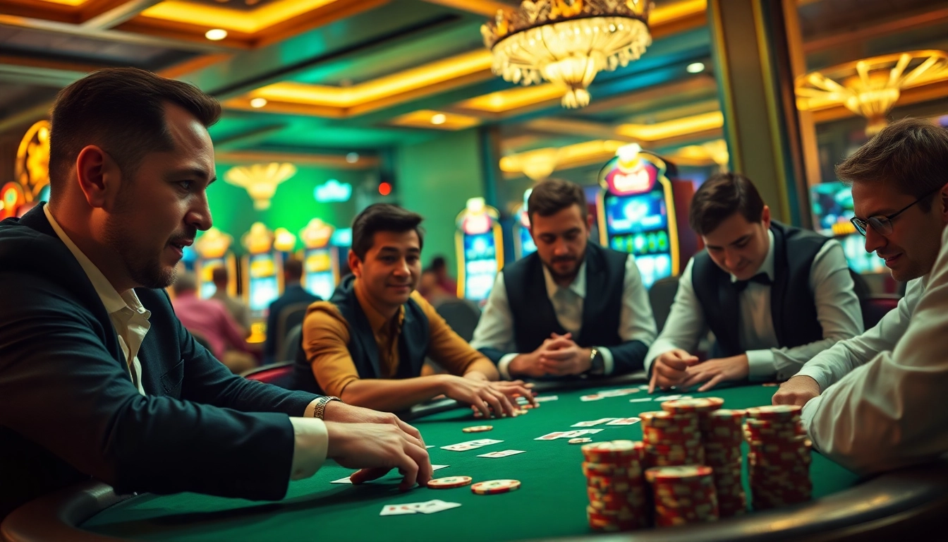 Người chơi tham gia tại bàn poker với chủ đề LUCK8, được bao quanh bởi các chip màu sắc rực rỡ và máy đánh bạc phát sáng.