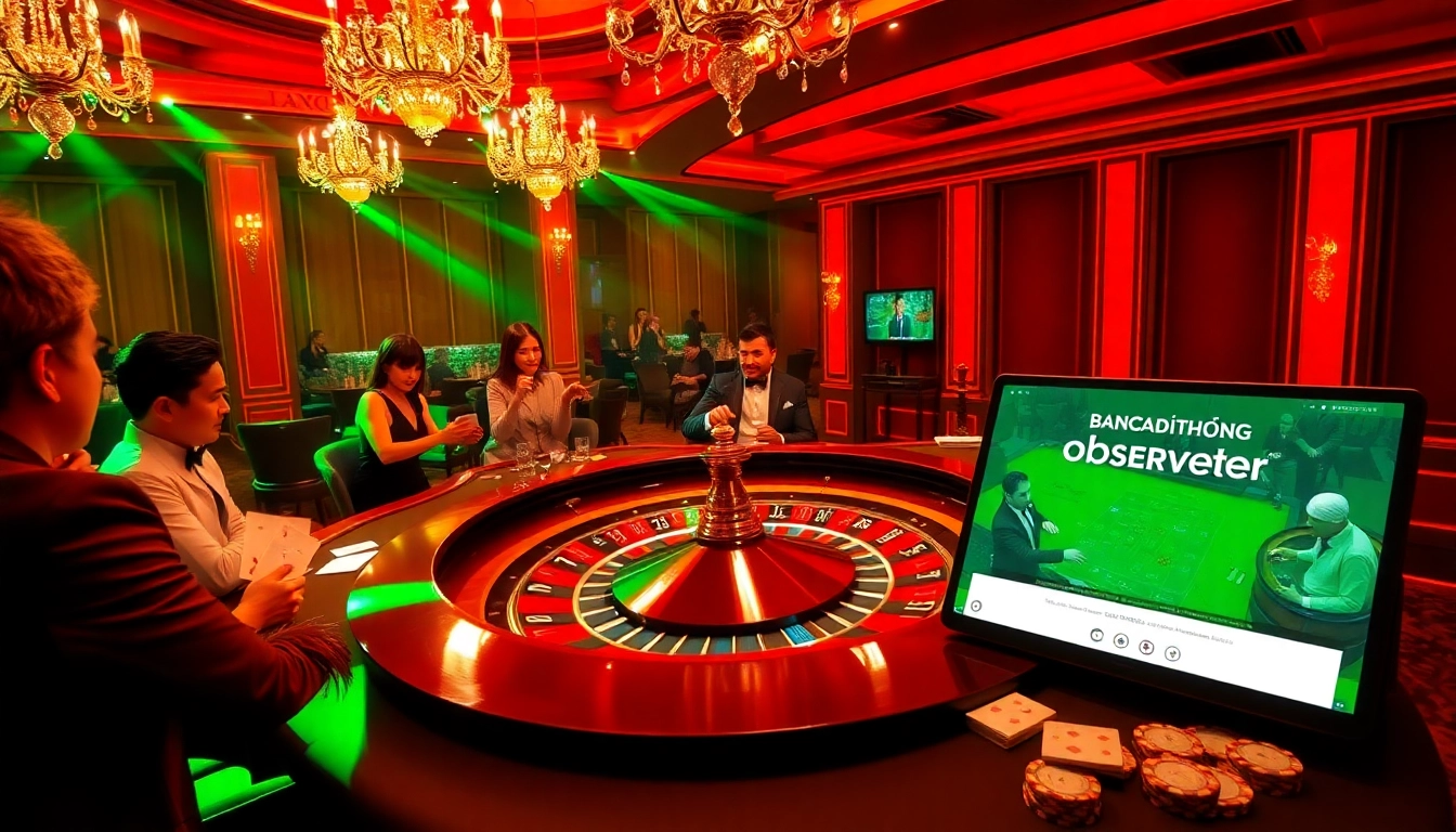 The vibrant casino scene highlights exciting games at bancadoithuong.observer's roulette table, filled with eager players and cards.