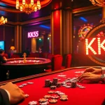 Experience thrilling gameplay with the KK55 poker table under lively casino lights.