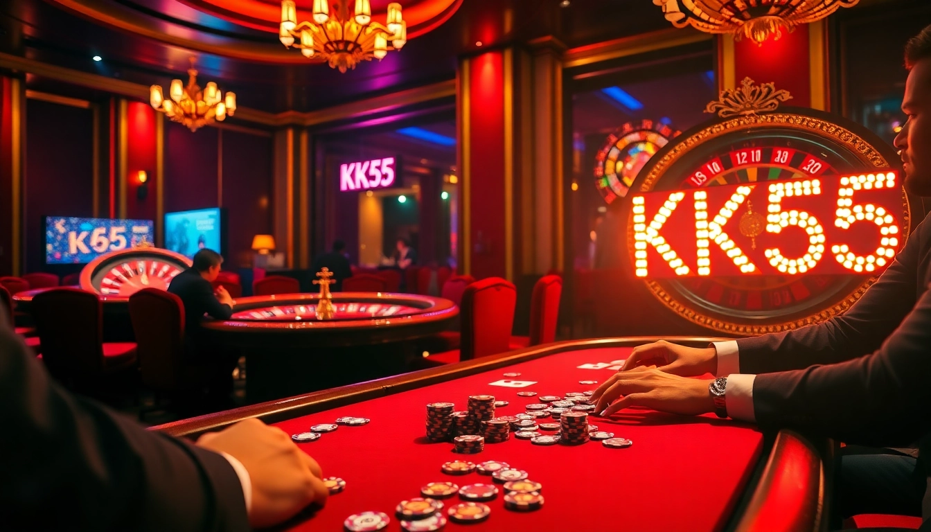 Experience thrilling gameplay with the KK55 poker table under lively casino lights.