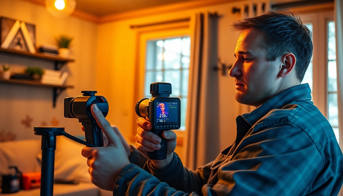 Leak detection technician using thermal imaging equipment in a home setting