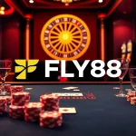 FLY88 logo displayed on a poker table with vibrant chips and cards, showcasing high-stakes excitement.