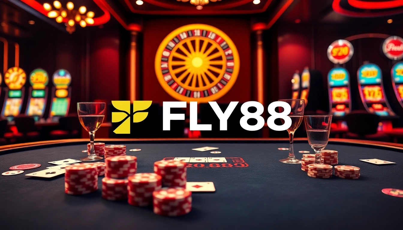 FLY88 logo displayed on a poker table with vibrant chips and cards, showcasing high-stakes excitement.