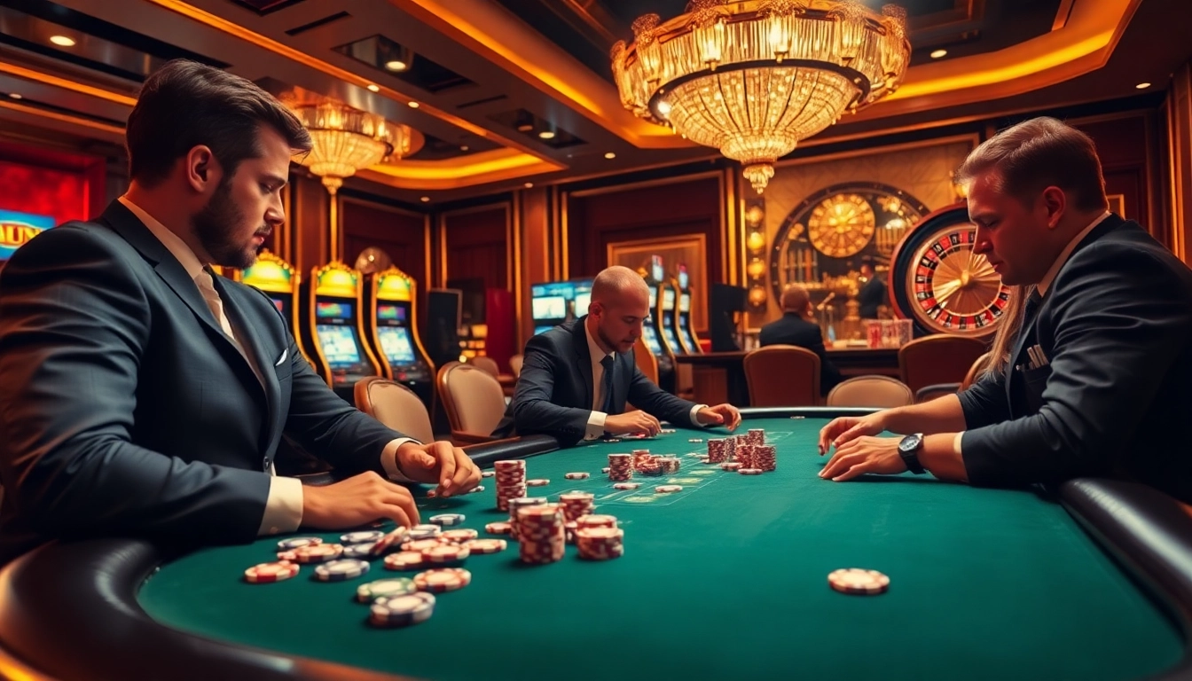 This captivating casino scene illustrates players engaged in strategic decision-making at a poker table, spotlighting the gambling insights discussed on https://rikvip1.online/tac-gia/.