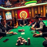 Experienced gamblers competing at a poker table with references to vvjl6 com in a vibrant casino setting.