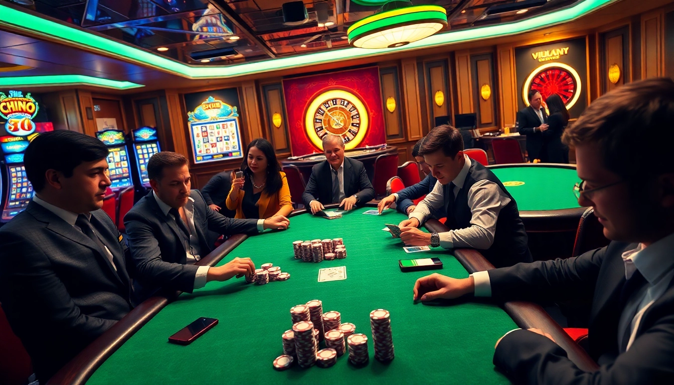 Experienced gamblers competing at a poker table with references to vvjl6 com in a vibrant casino setting.