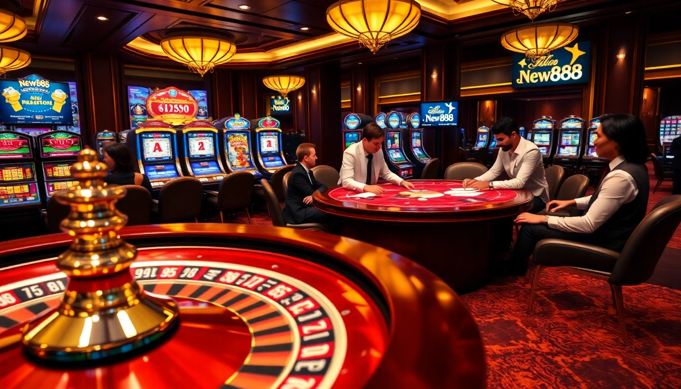Players enjoy a thrilling poker game at a luxurious casino featuring New888 promotions.