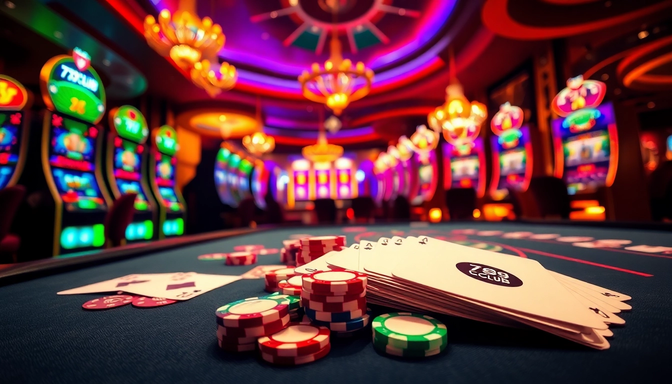 Experience excitement at 789CLUB: A vibrant casino gaming scene with poker chips and illuminated slot machines.