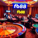 Engaging scene showcasing players at fb88 casino with vibrant roulette wheel and high-stakes poker tables.