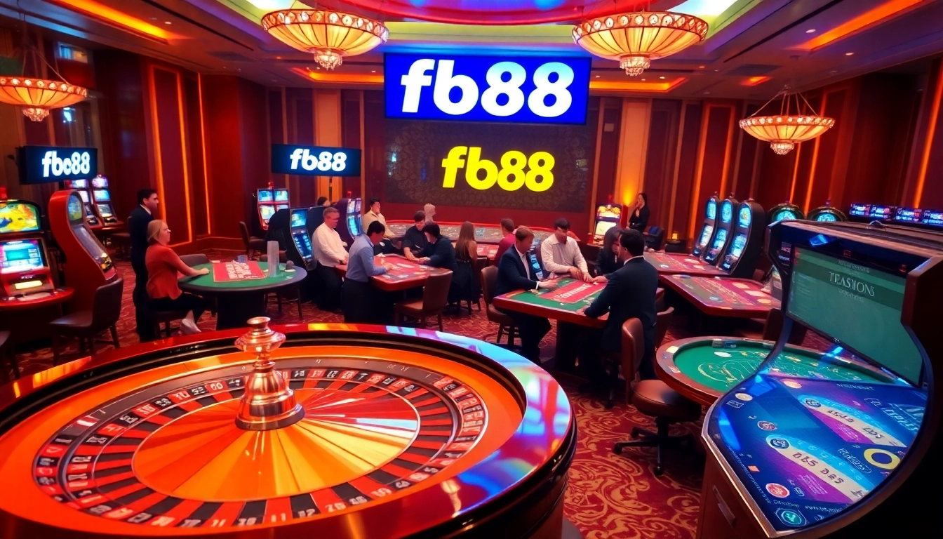 Engaging scene showcasing players at fb88 casino with vibrant roulette wheel and high-stakes poker tables.