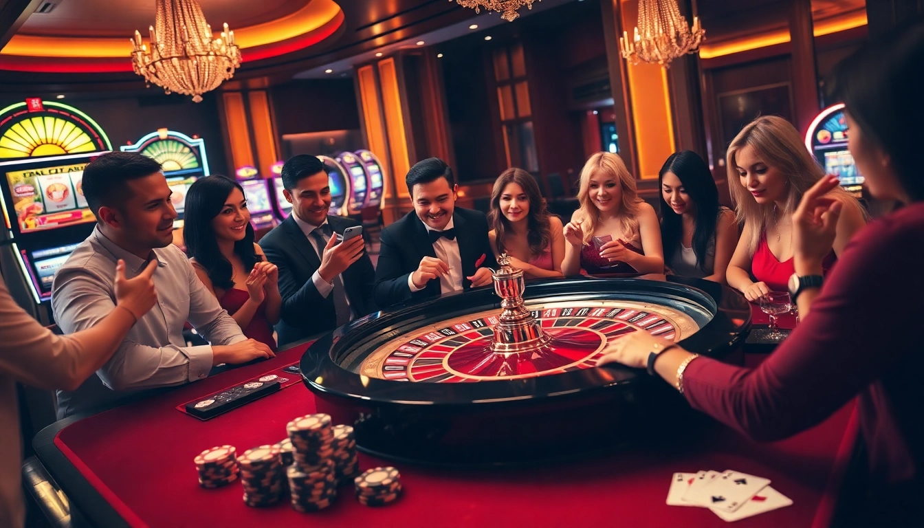 The excitement of gambling at UU88 with players around a roulette table in a luxurious casino environment.