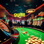 Players enjoying thrilling games at a luxurious casino, featuring gg88 elements and vibrant slot machines.