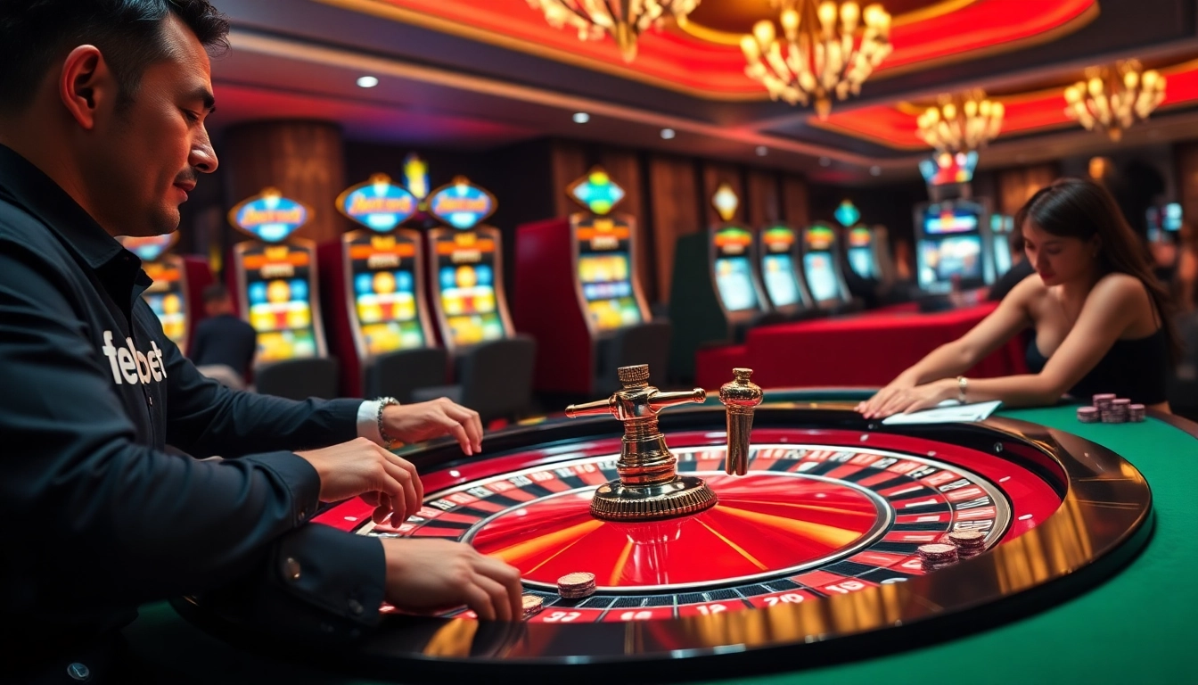 Experience the thrill of febet as players strategize at a luxurious roulette table in a vibrant casino scene.