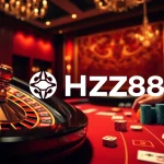 Engage in high-stakes gambling at HZ88 with a luxurious casino setting featuring roulette and poker elements.