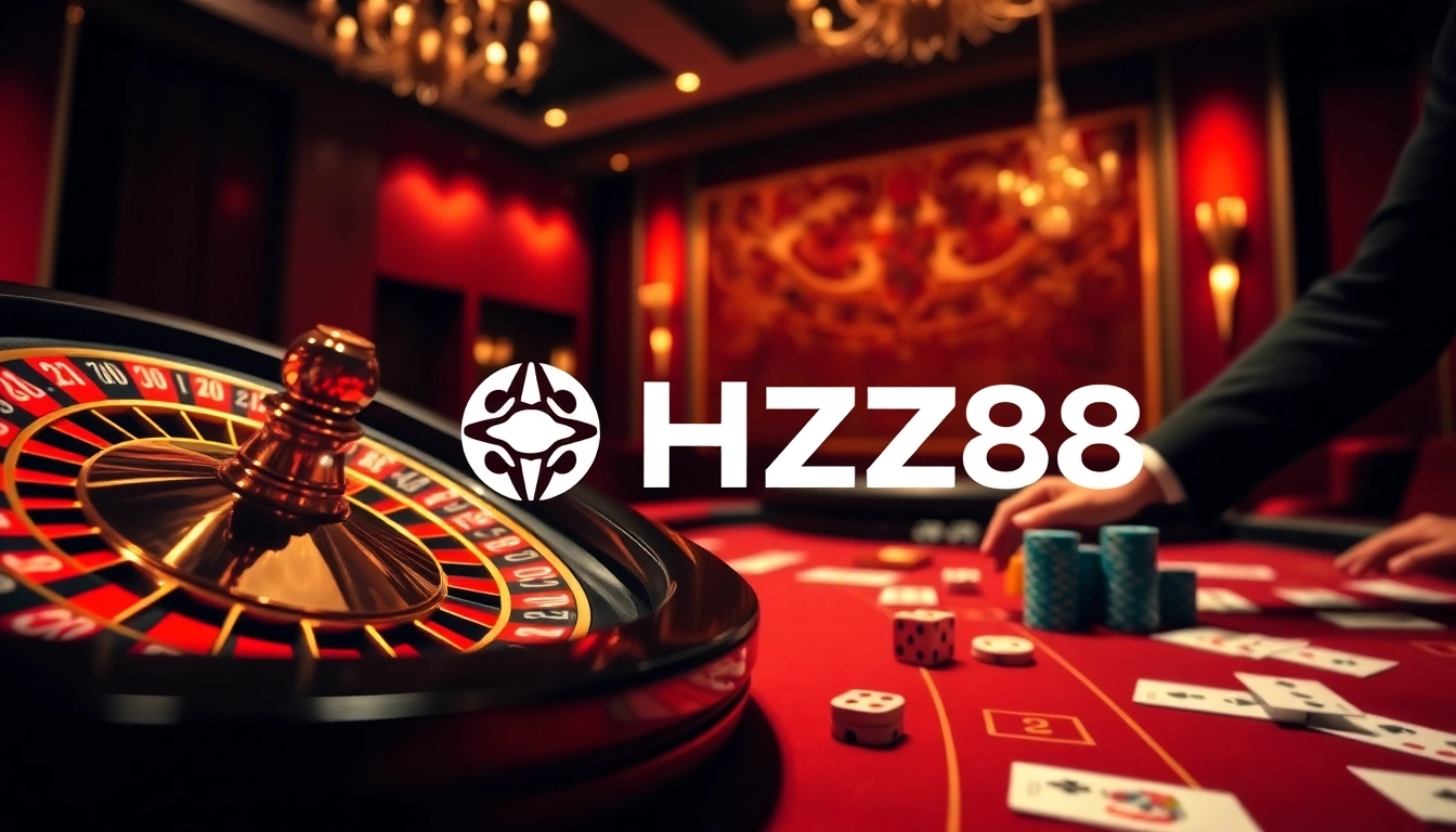 Engage in high-stakes gambling at HZ88 with a luxurious casino setting featuring roulette and poker elements.