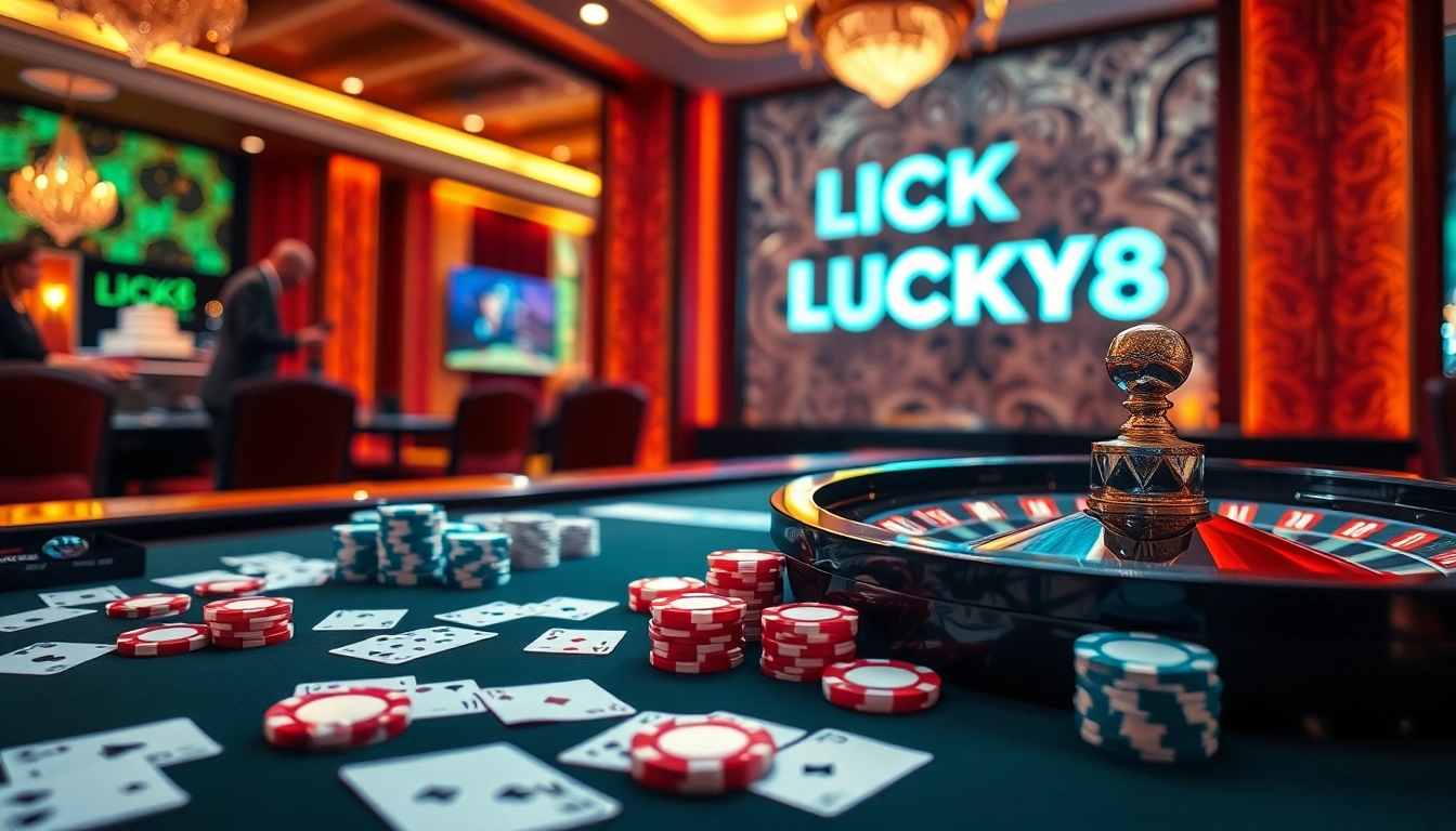 Cảnh bàn casino LUCK8、LUCKY8 với vòng roulette rực rỡ và chip bài poker.