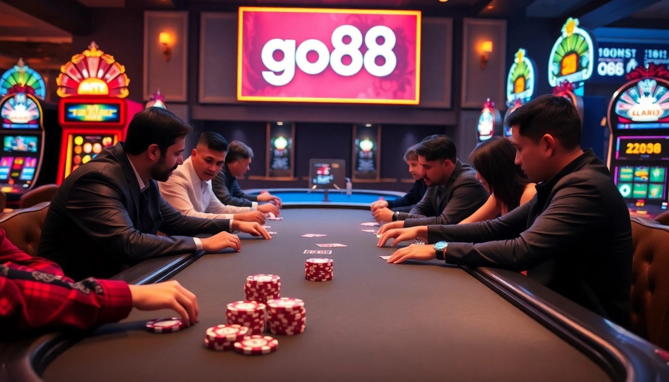 Players winning big at a luxurious poker table in a go88-themed casino environment.