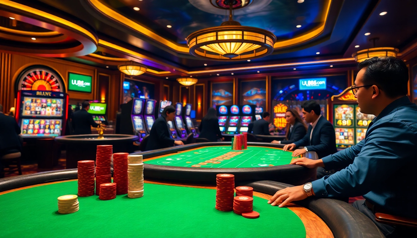 Engaged players at the poker table in a breathtaking uu88 com casino setting.