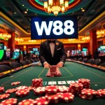 Players enjoying W88 casino games at an upscale gambling table, showcasing excitement and luxury.