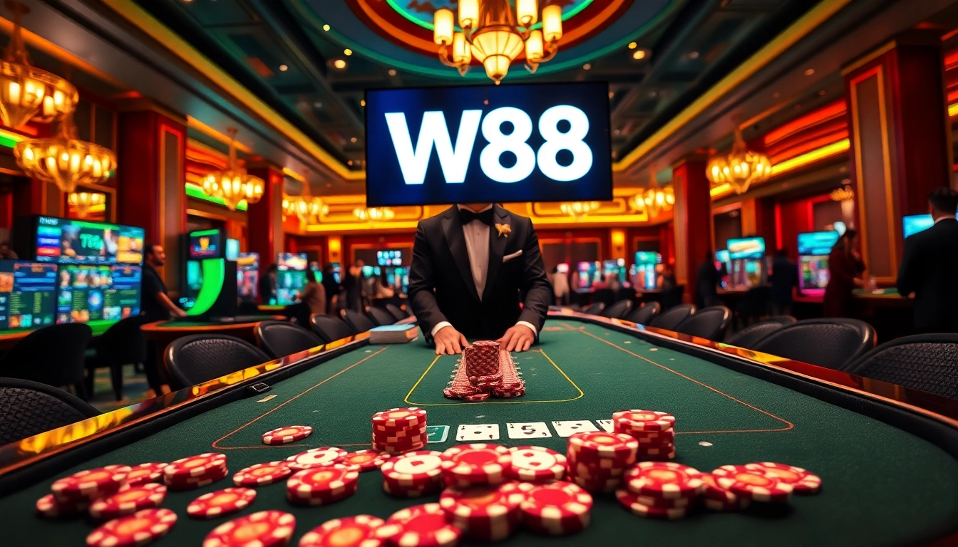 Players enjoying W88 casino games at an upscale gambling table, showcasing excitement and luxury.