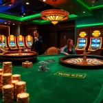 Experience the thrill of win 678 at a vibrant casino, featuring poker chips and a spinning roulette wheel.