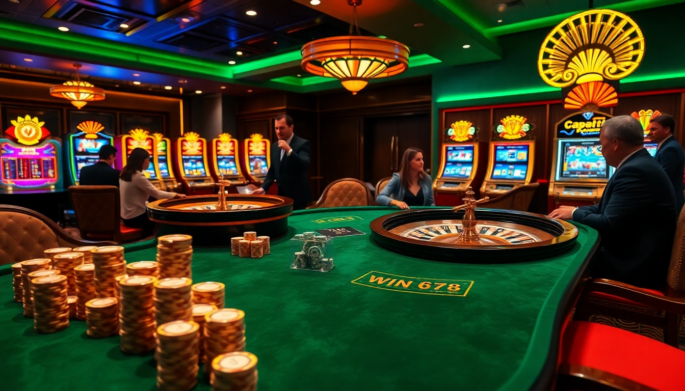 Experience the thrill of win 678 at a vibrant casino, featuring poker chips and a spinning roulette wheel.