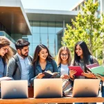 Engaging students at Nisantasi University apply for courses in a modern campus setting.