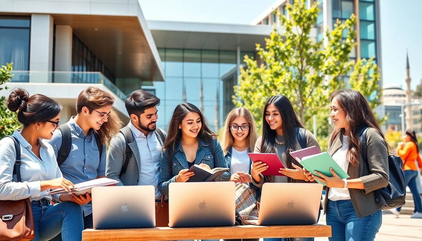 Engaging students at Nisantasi University apply for courses in a modern campus setting.