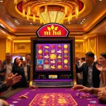 Players revel in excitement at the nổ hũ slot machine in a luxury casino.