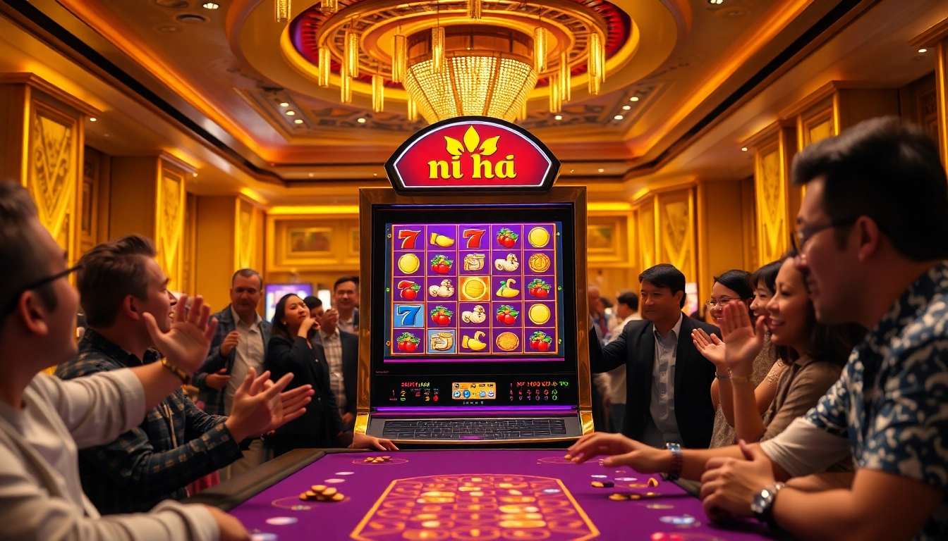 Players revel in excitement at the nổ hũ slot machine in a luxury casino.