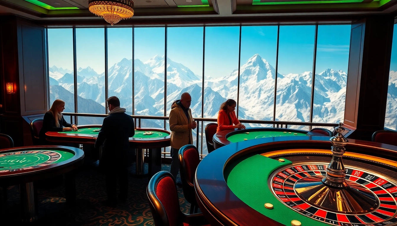 The mount Everest base camp trek highlights a thrilling casino scene with poker tables and Himalayas in the background.