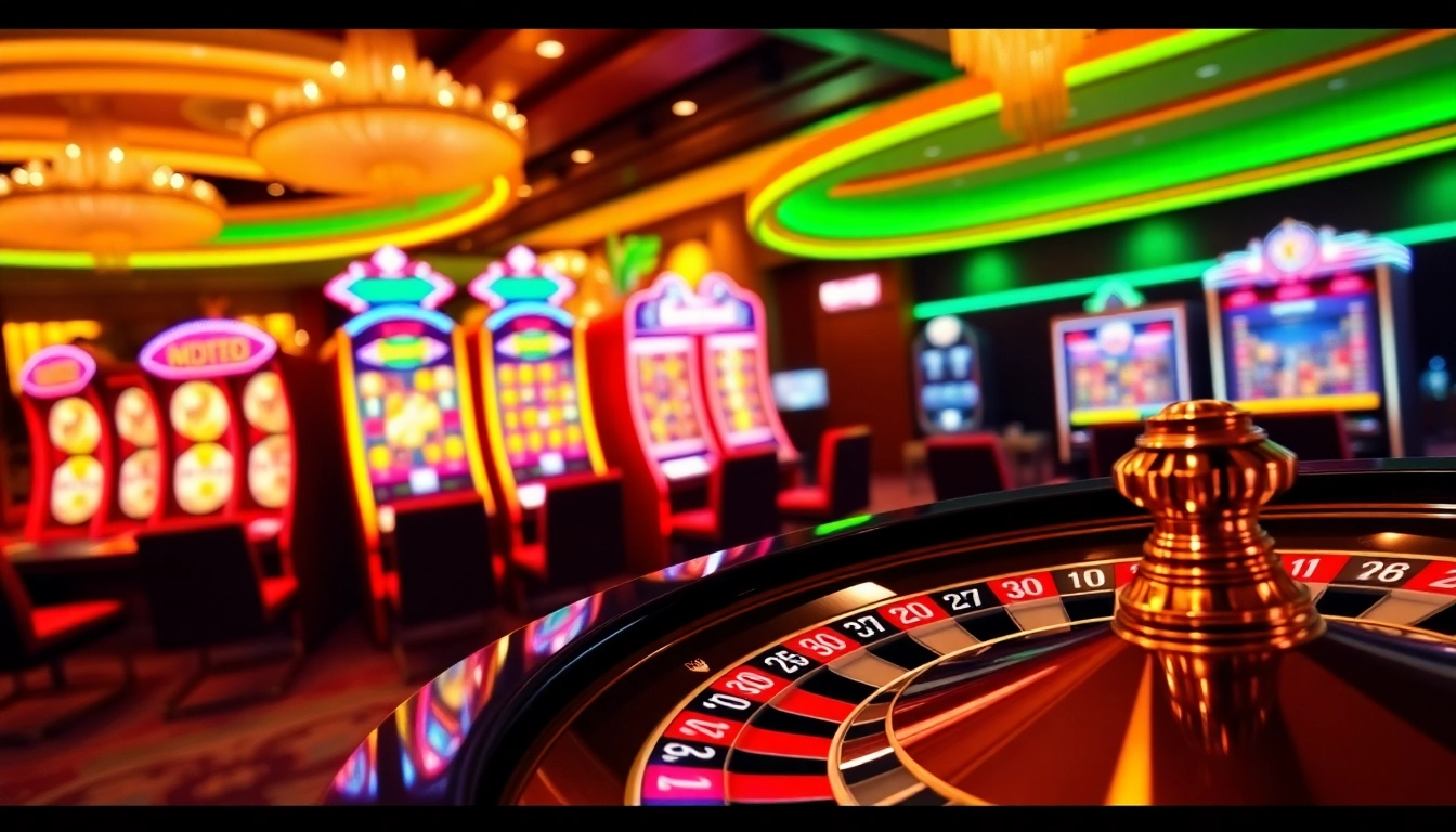 This vibrant bem88 casino scene features roulette and slot machines, capturing the excitement of online gambling.