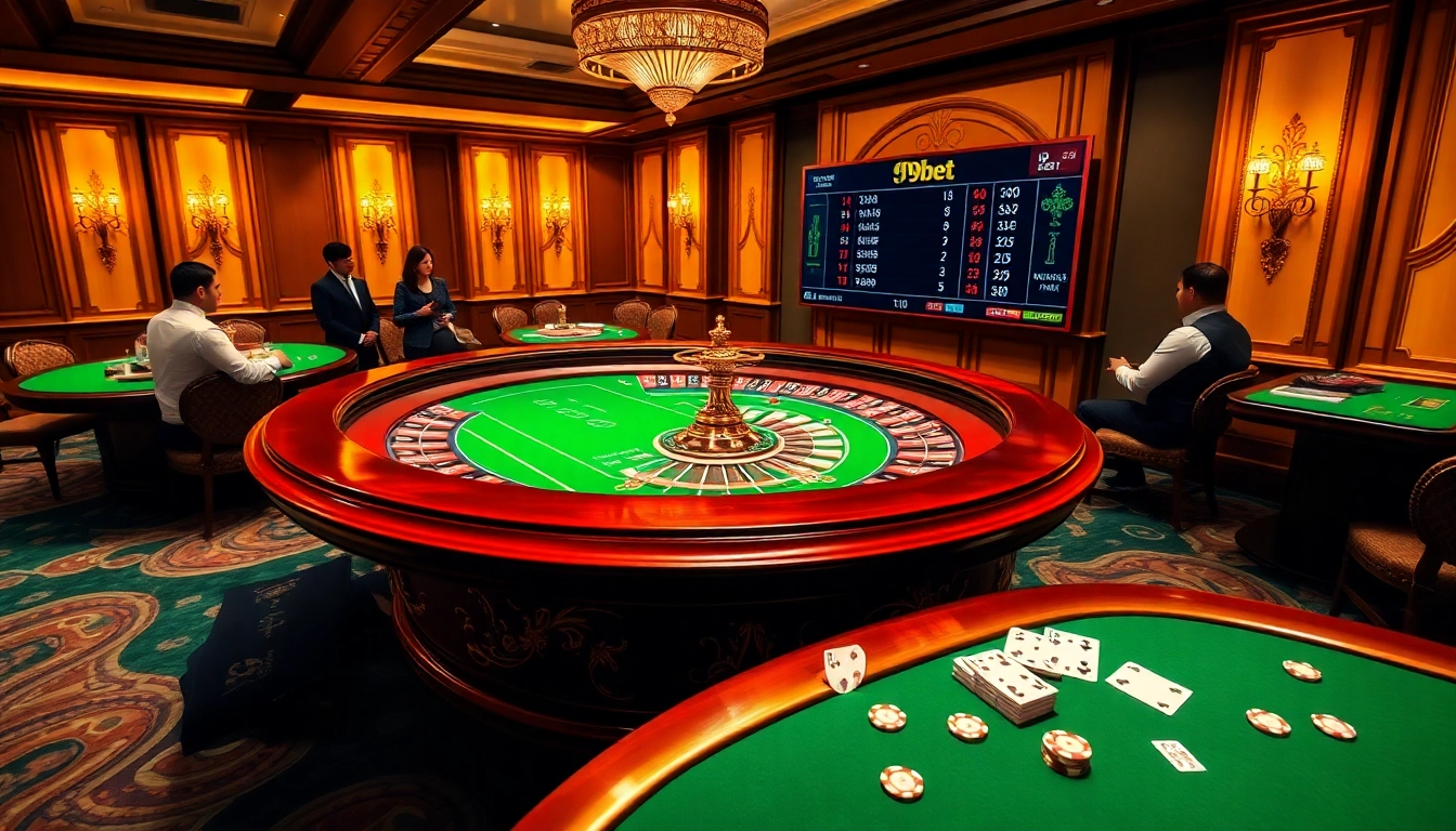 i9bet players placing bets at a luxurious roulette table in a vibrant casino atmosphere.