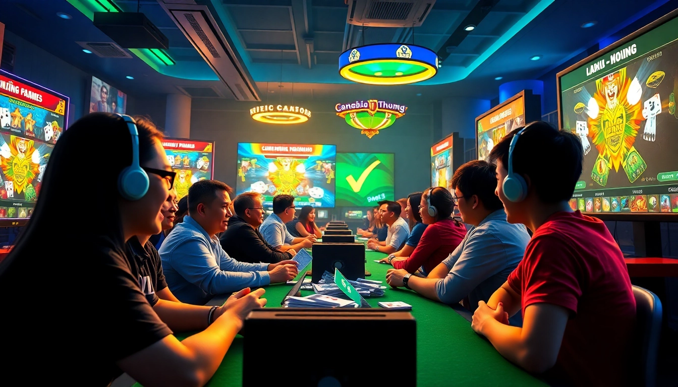 Exciting gamebaidoithuong online gaming scene with players and vibrant digital interfaces
