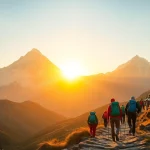 Group of trekkers on the mount Everest base camp trek with scenic views of the majestic peaks.