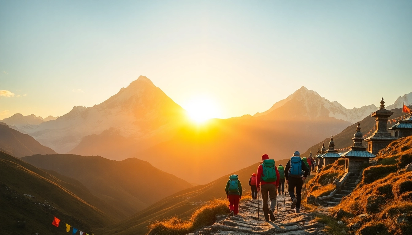 Group of trekkers on the mount Everest base camp trek with scenic views of the majestic peaks.