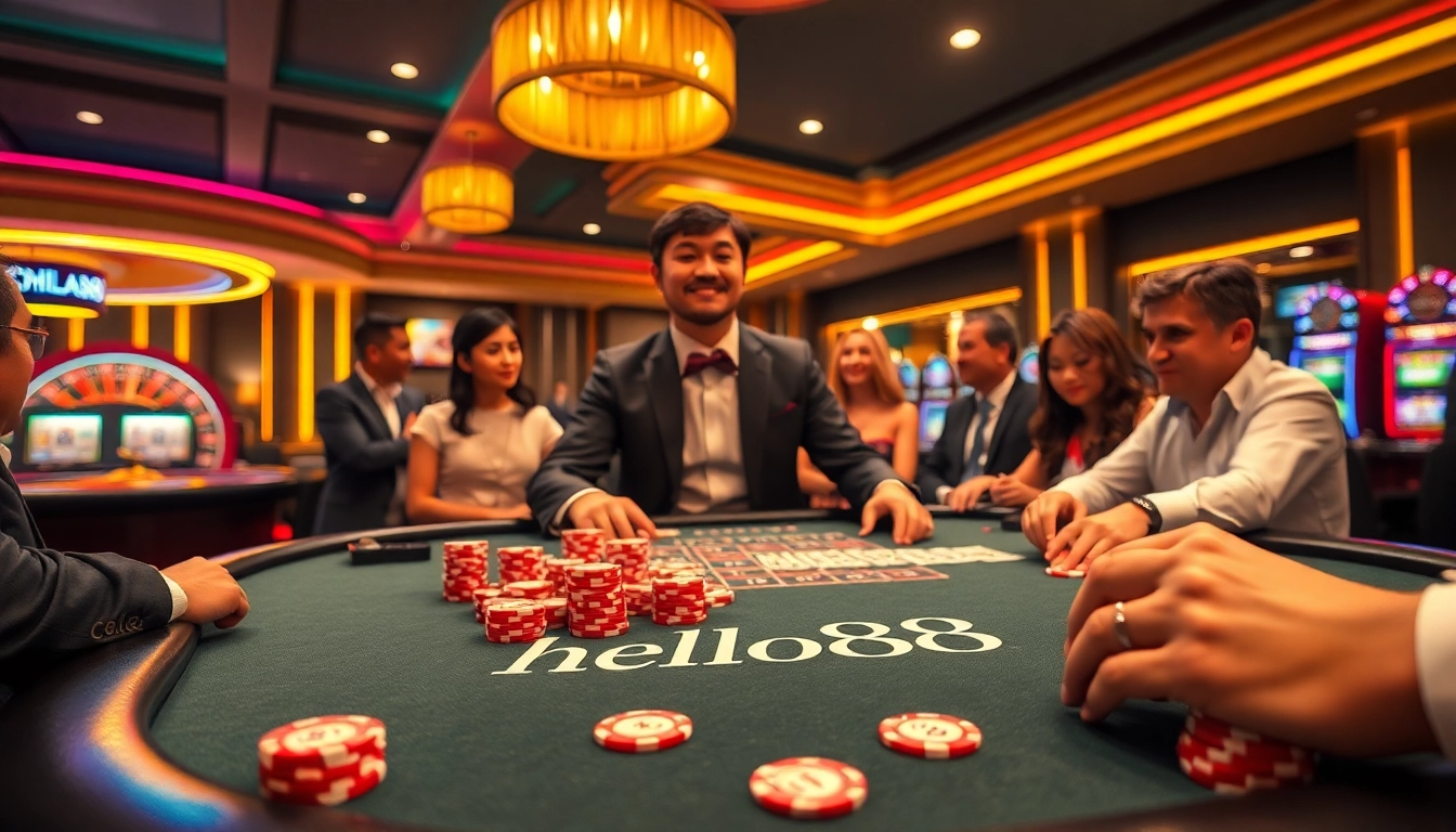 Players engaging in an exciting poker game at hello88 casino, showcasing high-quality chips and cards.