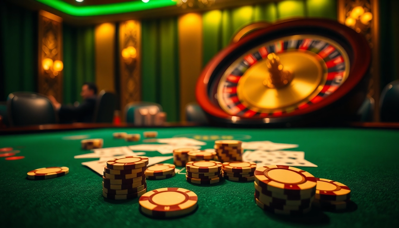 Experience a thrilling game at GG88's luxurious casino table filled with poker chips and cards.