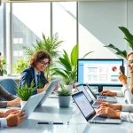 专业人士在现代办公室协作，使用多设备的 WPS Office 软件。