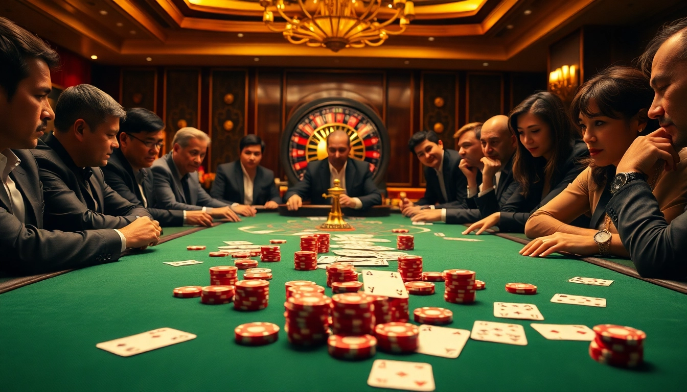 Players engaged in an exciting game at king88 casino, showcasing poker chips and cards.