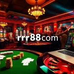 rr88com offers an exciting casino experience with vibrant tables, chips, and slot machines actively engaging players.