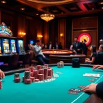 KJC players strategizing around a luxurious poker table in a vibrant casino setting.