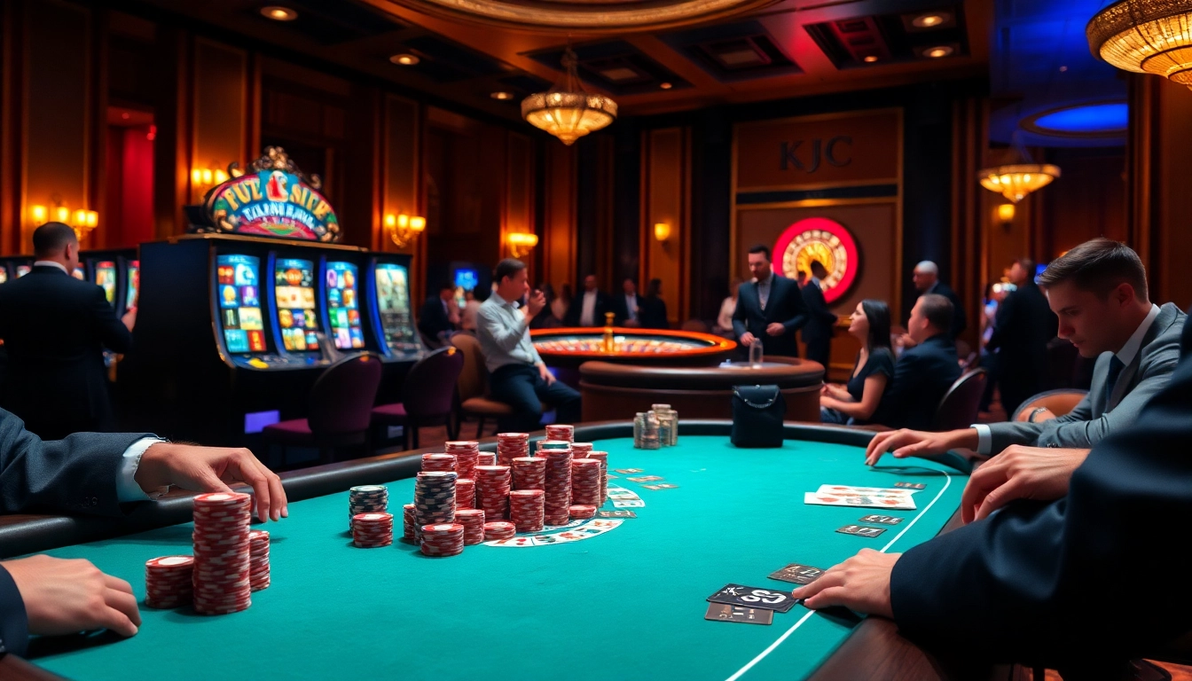 KJC players strategizing around a luxurious poker table in a vibrant casino setting.