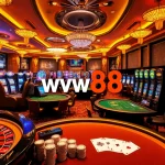 Experience thrilling gameplay at ww88 with a bustling casino atmosphere, featuring vibrant slot machines and poker tables.