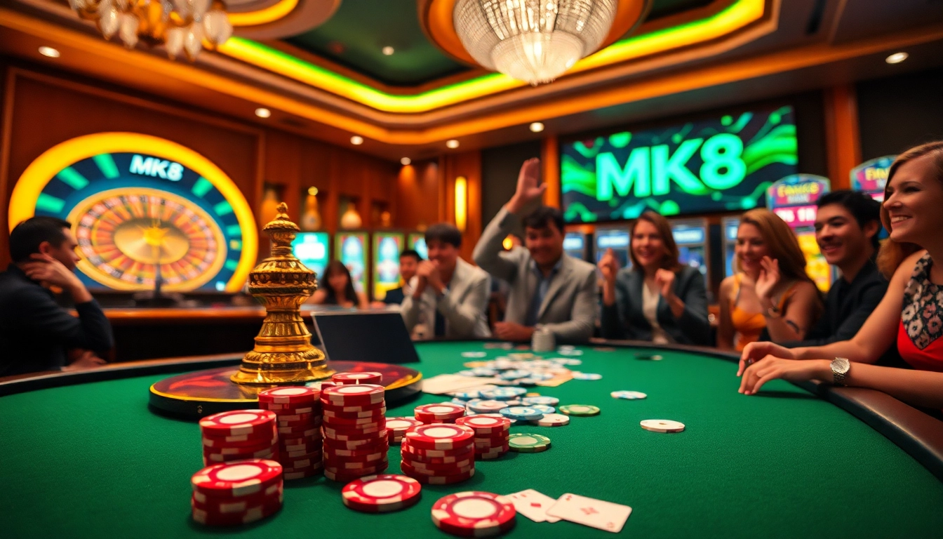 Excited gamblers engaging at the MK8 casino table, showcasing vibrant poker chips and luxury.